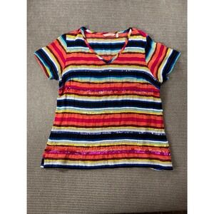 Soft Surroundings Sequin Striped V-Neck Top Short Sleeve Multicolor 2BE40 Size M